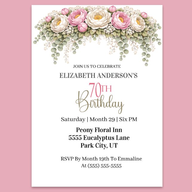 Invitation Pretty Pink and White Peony 70th Birthday (Elegant pink and white peony floral 70th birthday invitation)