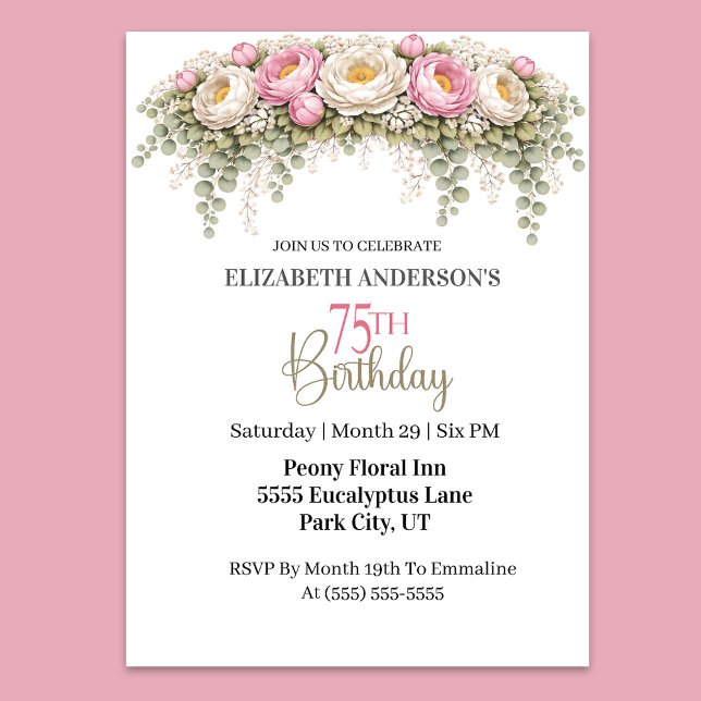 Invitation Pretty Pink and White Peony 75th Birthday (Elegant pink and white peony floral 75th birthday invitation)