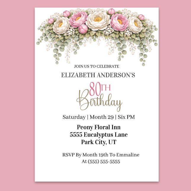 Invitation Pretty Pink and White Peony 80th Birthday (Elegant pink and white peony floral 80th birthday party invitation)