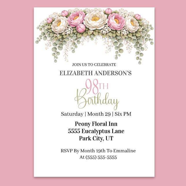Invitation Pretty Pink and White Peony 98th Birthday (Elegant pink and white peony floral 98th birthday invitation)