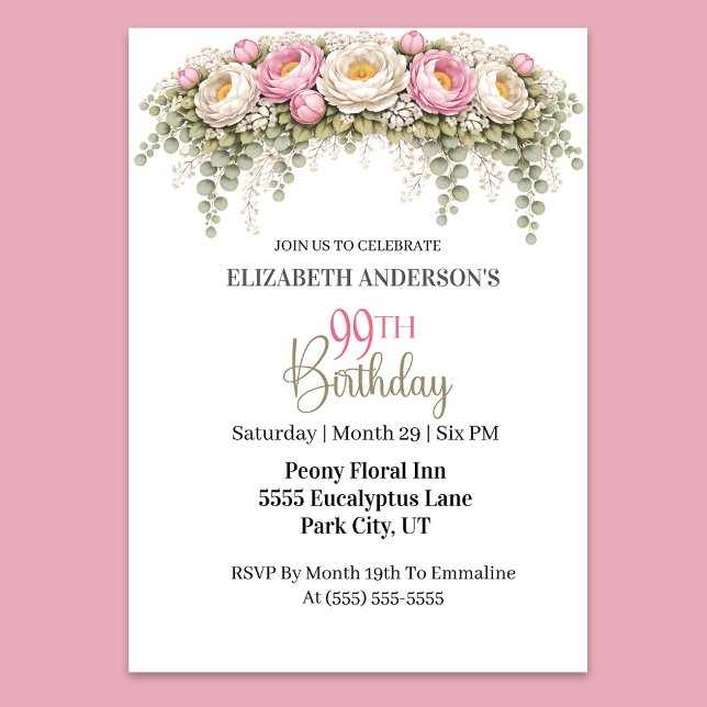 Invitation Pretty Pink and White Peony 99th Birthday (Elegant pink and white peony floral 99th birthday invitation)
