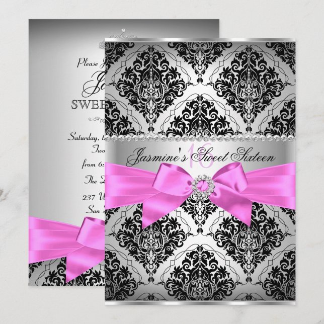 Invitation Pretty Pink Black Damask pour Sweet 16 (Devant / Derrière)