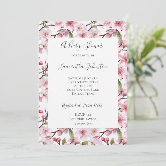 Invitation Pretty Pink Cherry Blossom Floral Baby Shower (Debout devant)