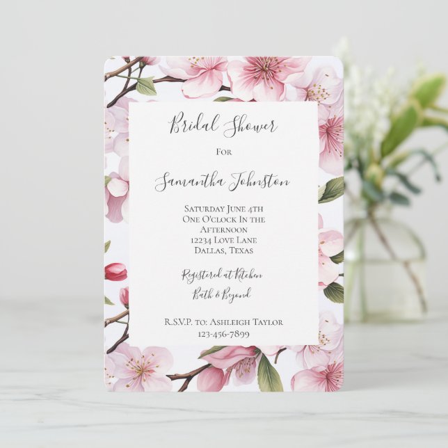 Invitation Pretty Pink Cherry Blossom Flowers Bridal Shower (Debout devant)