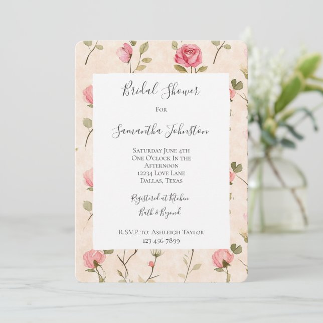 Invitation Pretty Pink Cream Roses Floral Bridal Shower (Debout devant)