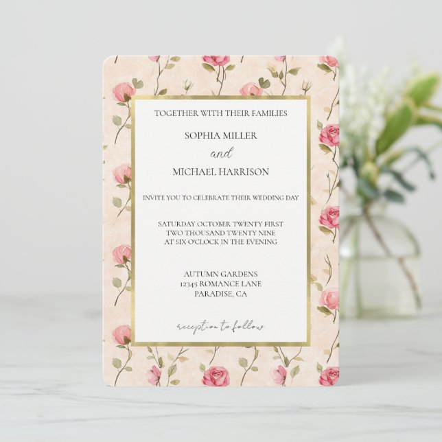 Invitation Pretty Pink Cream Roses Floral Wedding (Debout devant)