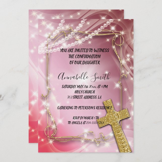 Invitation Pretty Pink Pearl Cross CONFIRMATION (Devant / Derrière)