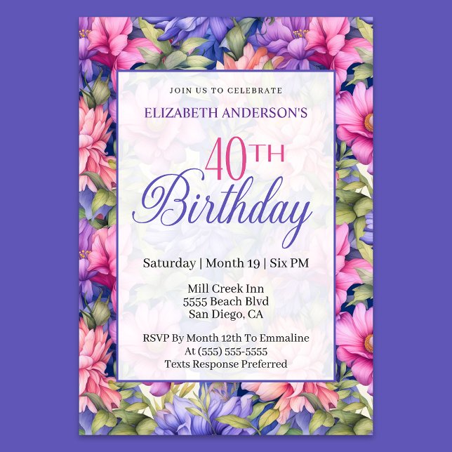 Invitation Pretty Pink Purple Garden Flowers 40th Birthday  (Créateur téléchargé)