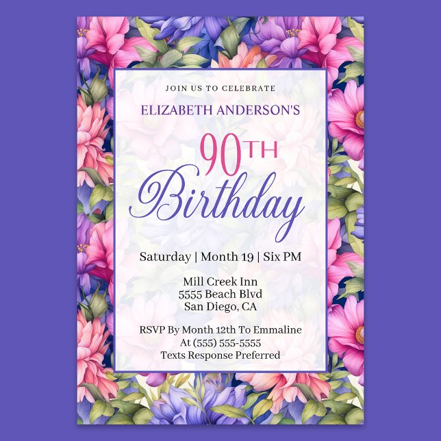 Invitation Pretty Pink Purple Garden Flowers 90th Birthday  (Créateur téléchargé)