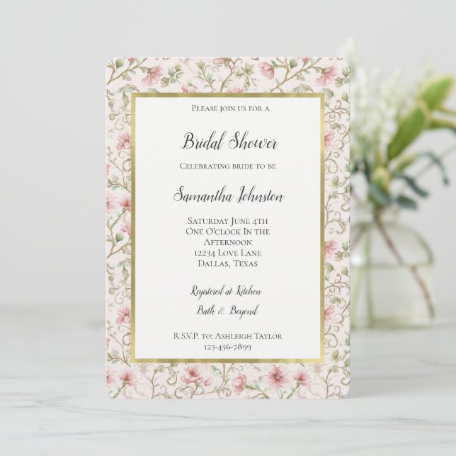 Invitation Pretty Pink Romantic Floral Bridal Shower (Debout devant)