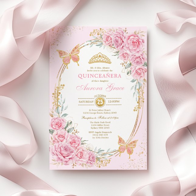 Invitation Pretty Pink Roses Butterflies Quinceañera (Créateur téléchargé)