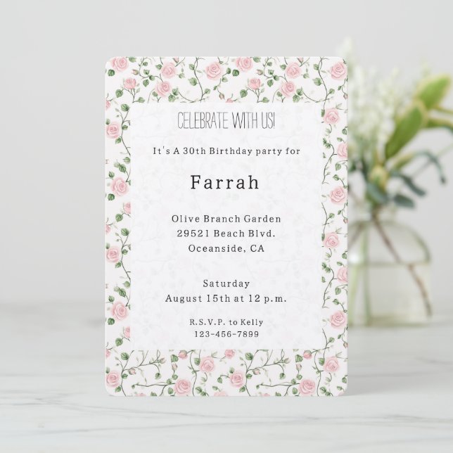 Invitation Pretty Pink Roses Floral Birthday   (Debout devant)