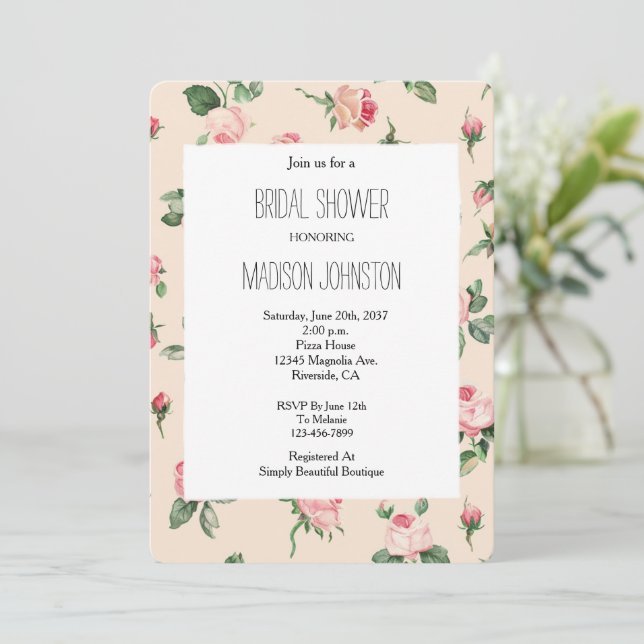 Invitation Pretty Pink Roses Floral Bridal Shower (Debout devant)