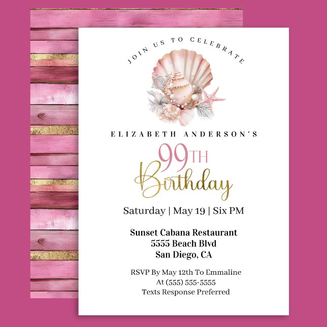 Invitation Pretty Pink Seashell and Pearls 99th Birthday (Créateur téléchargé)
