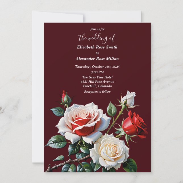 Invitation Pretty pink white red roses dark floral wedding (Devant)