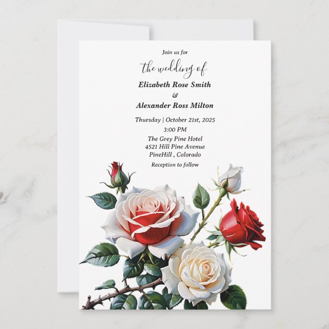 Invitation Pretty pink white red roses floral wedding (Devant)