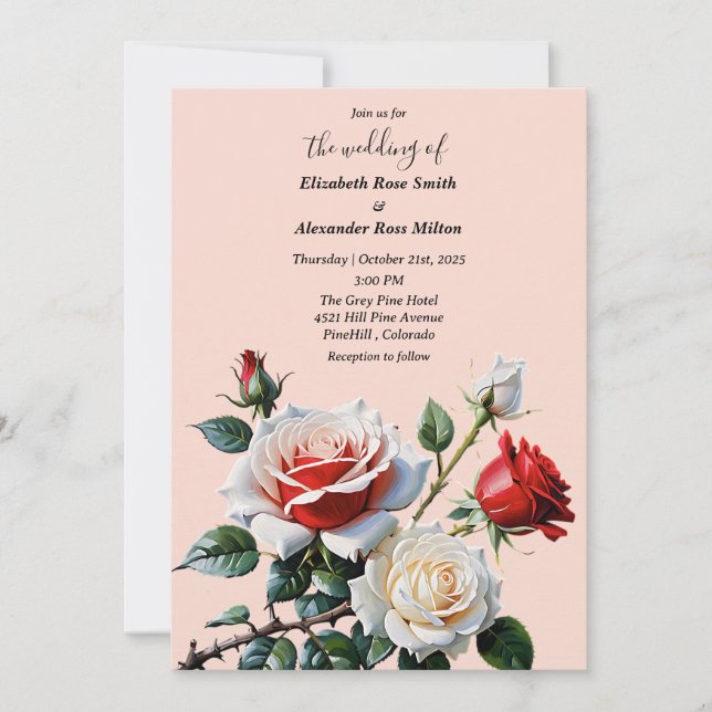 Invitation Pretty pink white red roses floral wedding (Devant)