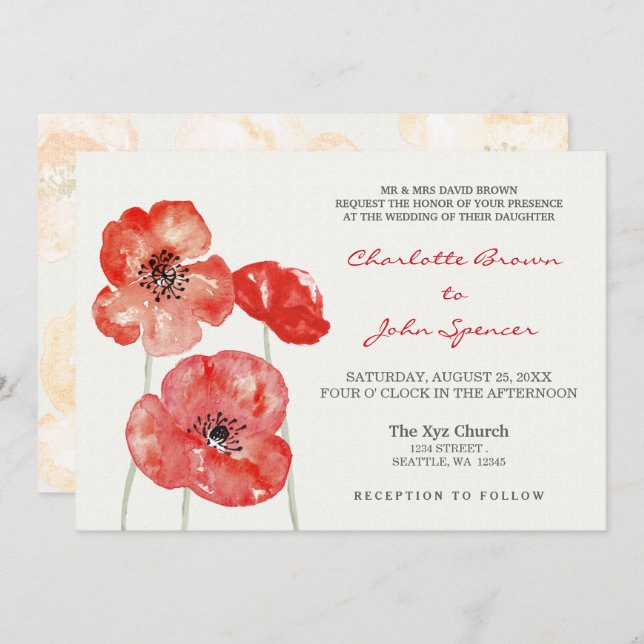 Invitation Pretty Poppies Un mariage floral moderne invite (Devant / Derrière)