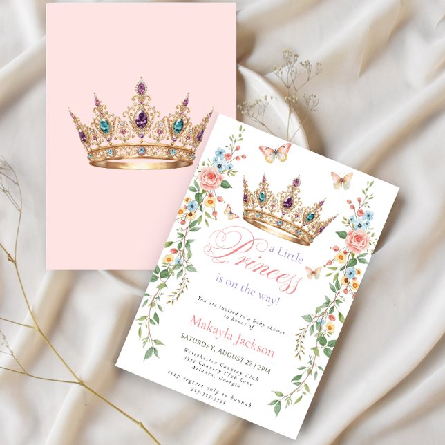 Invitation Pretty Princess Gold Crown Pink Floral Baby Shower (Créateur téléchargé)