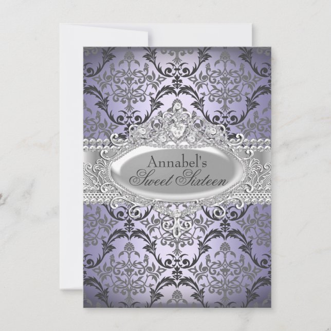 Invitation Pretty Purple & Silver Damask pour Swee (Devant)
