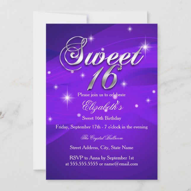 Invitation Pretty Purple Sparkle pour un Sweet Six (Devant)