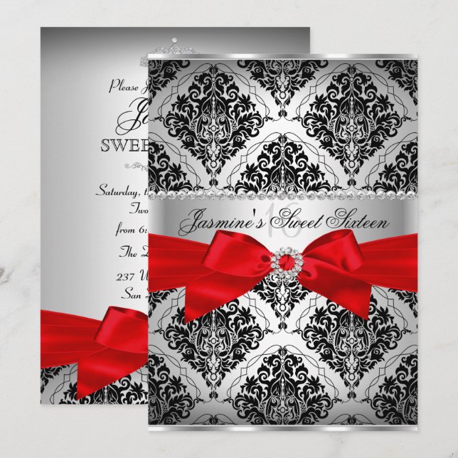 Invitation Pretty Red Black Damask Sweet 16 (Devant / Derrière)