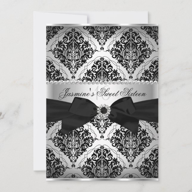Invitation Pretty Silver & Black Damask pour les 1 (Devant)