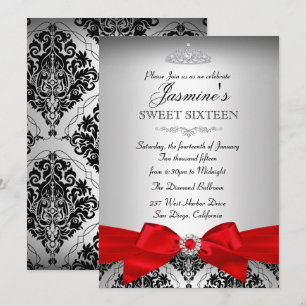 Invitation Pretty Silver Red Damask pour Sweet 16