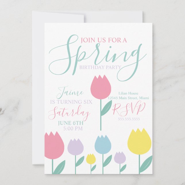 Invitation Pretty Spring Tulips Pastel Floral Birthday Party (Devant)