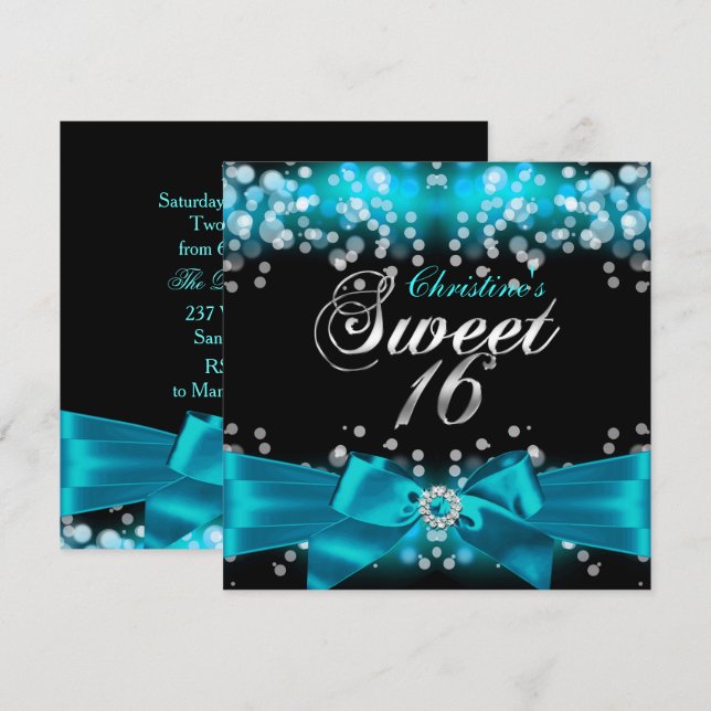Invitation Pretty Teal Bow & Sparkle pour un Sweet (Devant / Derrière)
