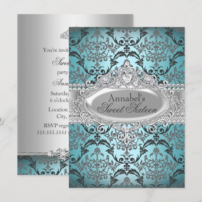Invitation Pretty Teal & Silver Damask pour les 16 (Devant / Derrière)