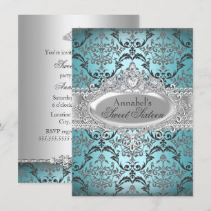 Invitation Pretty Teal & Silver Damask pour les 16