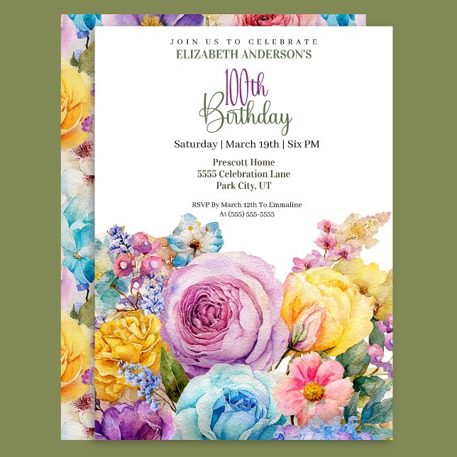 Invitation Pretty Watercolor Spring Floral 100th Birthday (Créateur téléchargé)