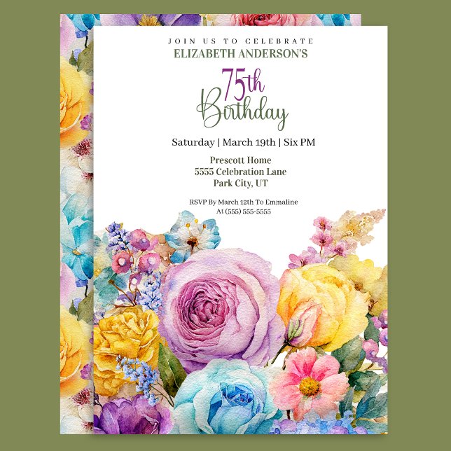 Invitation Pretty Watercolor Spring Floral 75th Birthday (Créateur téléchargé)