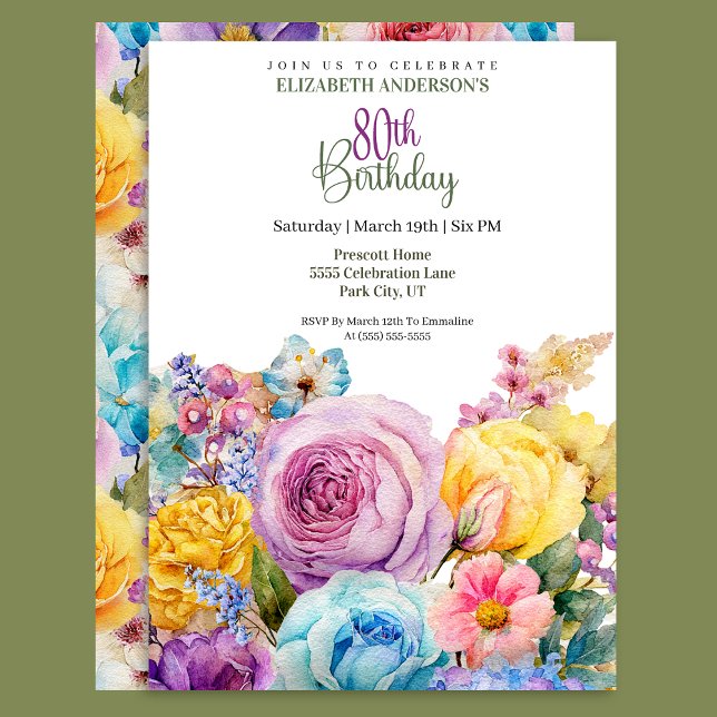 Invitation Pretty Watercolor Spring Floral 80th Birthday (Créateur téléchargé)