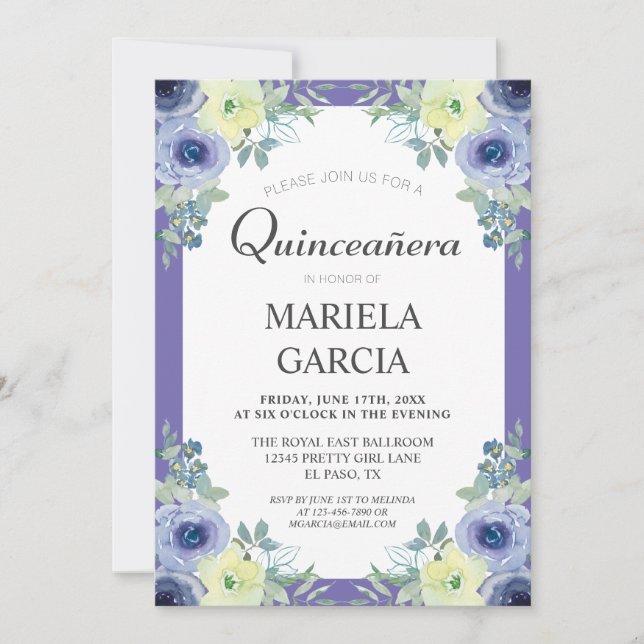Invitation Pretty Yellow Purple Floral Quinceañera Birthday   (Devant)