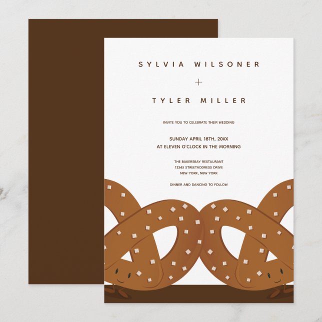 Invitation Pretzels salés Mariage blanc Brown vertical (Devant / Derrière)