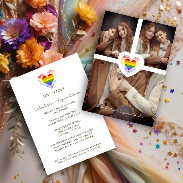 Invitation Pride Coeur arc-en-ciel Lesbian Mariage gay 3 Phot (Pride Rainbow Heart Lesbian Gay Wedding 3 Photos Invitation Card.)