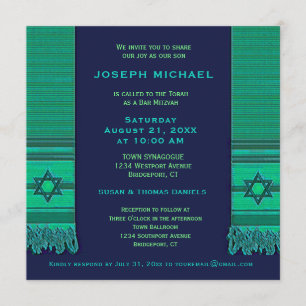Invitation Prière châle bleu et vert bar Mitzvah
