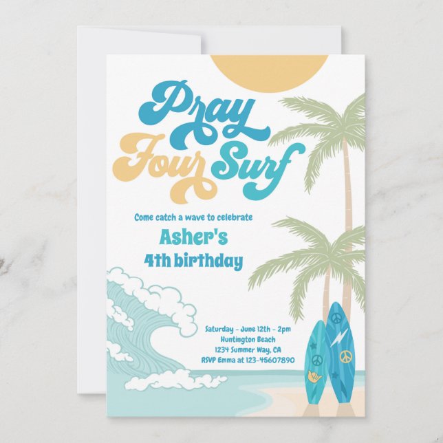 Invitation Prière Quatre Surfs Retro Surf Beach 4e anniversai (Devant)