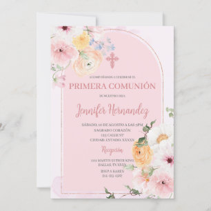 Invitation Primera comunión couleur rosa con flores