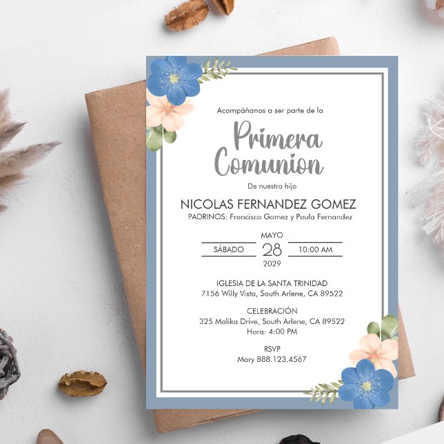 Invitation Primera Comunion Fleurs Bleues Première Communion (Créateur téléchargé)