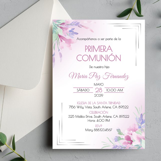 Invitation Primera Comunion Fleurs pourpres Première Communio (Créateur téléchargé)
