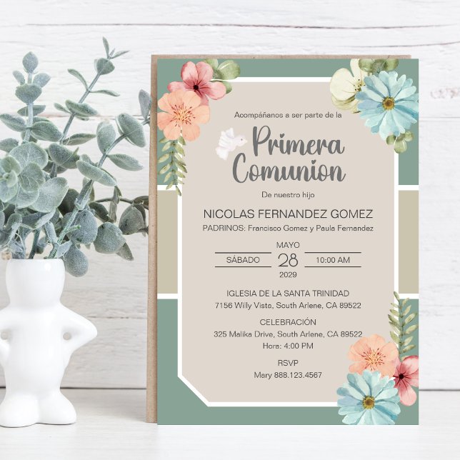 Invitation Primera Comunion Fleurs roses mignonnes Première C (Créateur téléchargé)