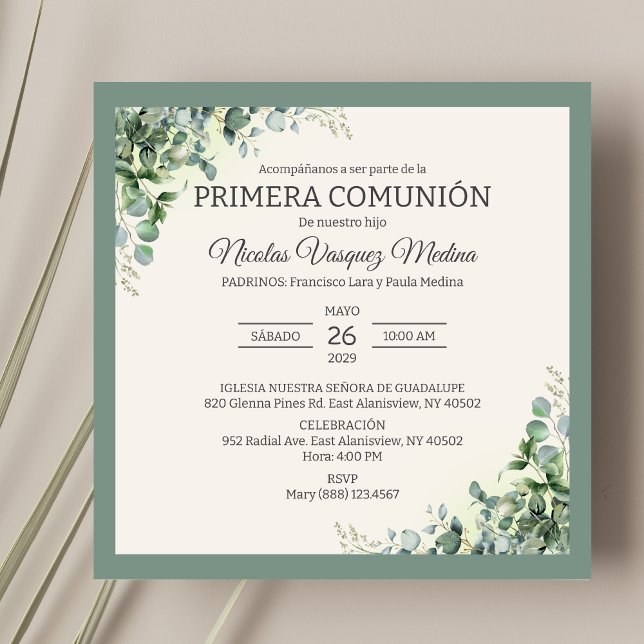 Invitation Primera Comunion Green Feuilles Garçon première co (Créateur téléchargé)