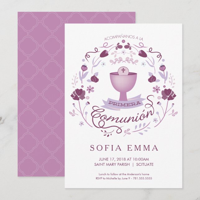 Invitation Primera Comunión Invitación - Espagnol, fille (Devant / Derrière)