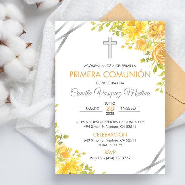 Invitation Primera Comunion Invitacion Fleurs Jaunes Cutes (Créateur téléchargé)