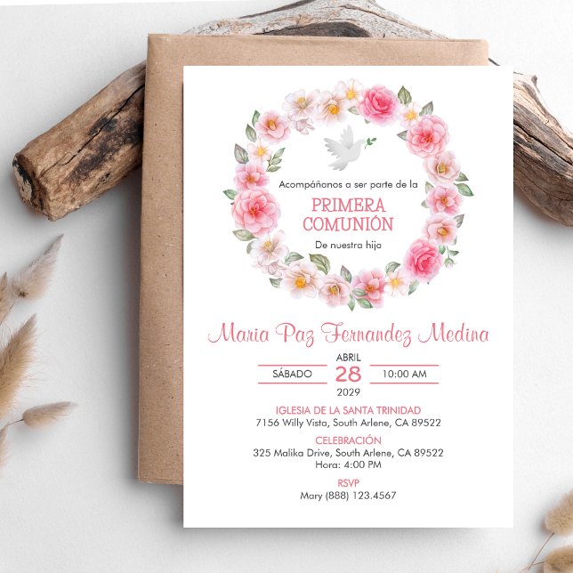 Invitation Primera Comunion rose Roses Wreath Première commun (Créateur téléchargé)