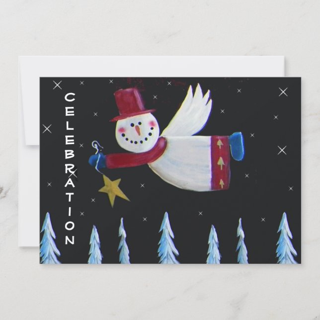 Invitation Primitive Folk Art Snowman Fête des Fêtes (Devant)
