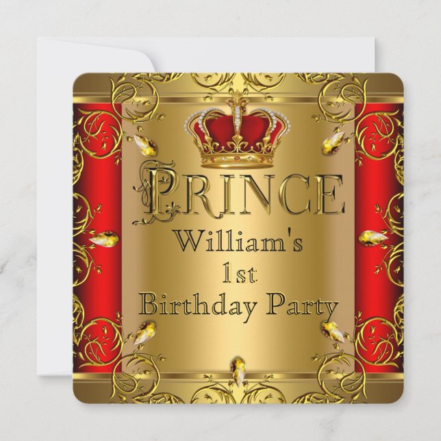 Invitation Prince 1er anniversaire Boy Red Gold Crown 2 (Devant)